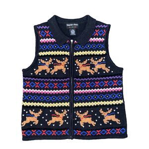 Hampshire Studio Christmas Reindeers Zip Up Sweater Vest P/S Petite Small
